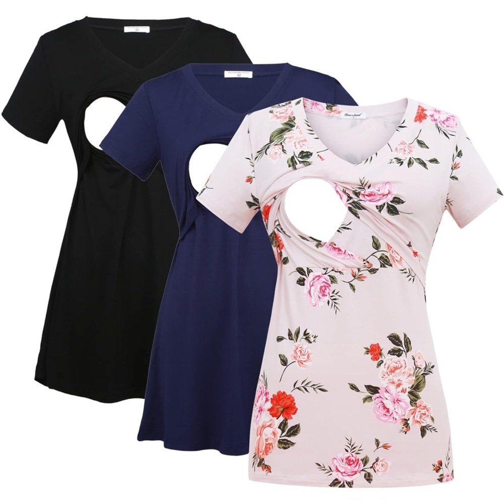 Floral and Solid Women Maternity/nursing Tops - Black, Navy, Pink size 2X